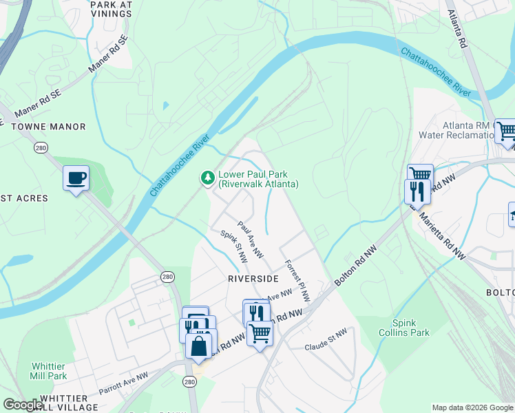 map of restaurants, bars, coffee shops, grocery stores, and more near 2324-2328 Thomas Road Northwest in Atlanta