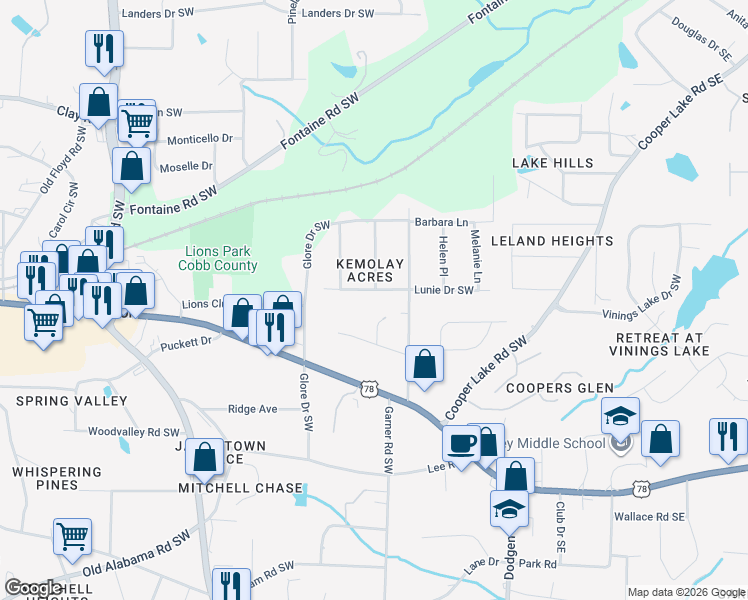 map of restaurants, bars, coffee shops, grocery stores, and more near 355 Kemolay Road Southwest in Mableton