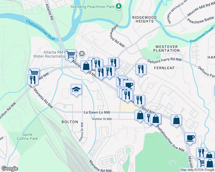 map of restaurants, bars, coffee shops, grocery stores, and more near 2302 Marietta Boulevard Northwest in Atlanta