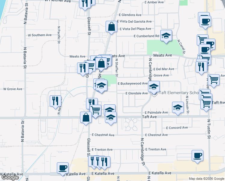 map of restaurants, bars, coffee shops, grocery stores, and more near 1883 North Shaffer Street in Orange