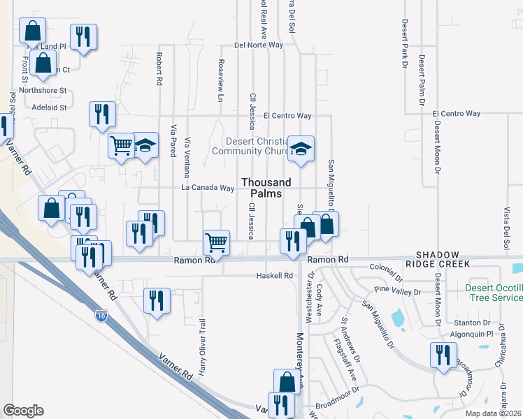 map of restaurants, bars, coffee shops, grocery stores, and more near 31623 Arbol Real Avenue in Thousand Palms
