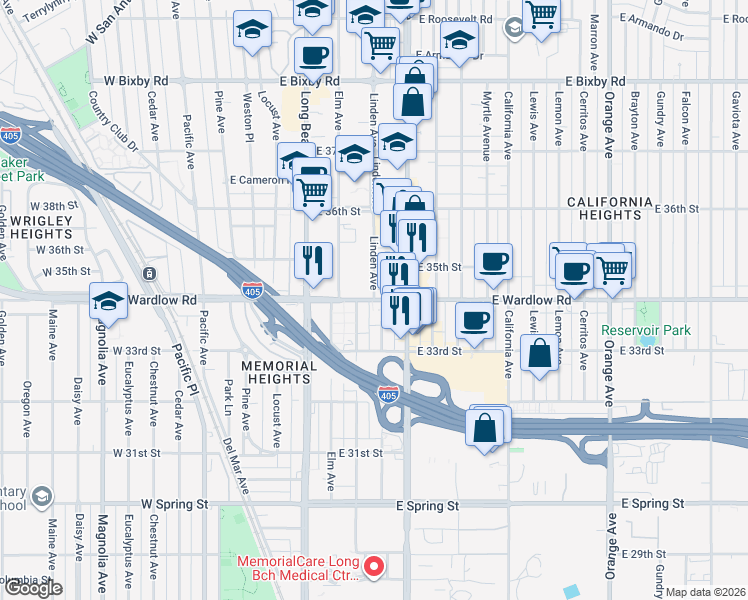 map of restaurants, bars, coffee shops, grocery stores, and more near E Wardlow Rd & Linden Ave in Long Beach