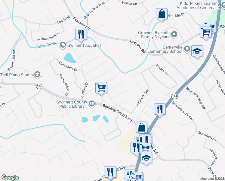 map of restaurants, bars, coffee shops, grocery stores, and more near 3521 Kittery Drive Southwest in Snellville