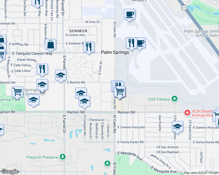 map of restaurants, bars, coffee shops, grocery stores, and more near 401 El Cielo Road in Palm Springs