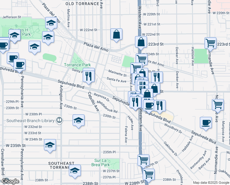 map of restaurants, bars, coffee shops, grocery stores, and more near 1810 West 228th Street in Torrance