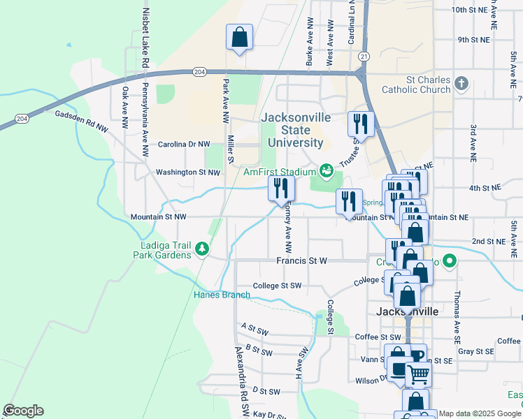 map of restaurants, bars, coffee shops, grocery stores, and more near 503 Mountain Street Northwest in Jacksonville