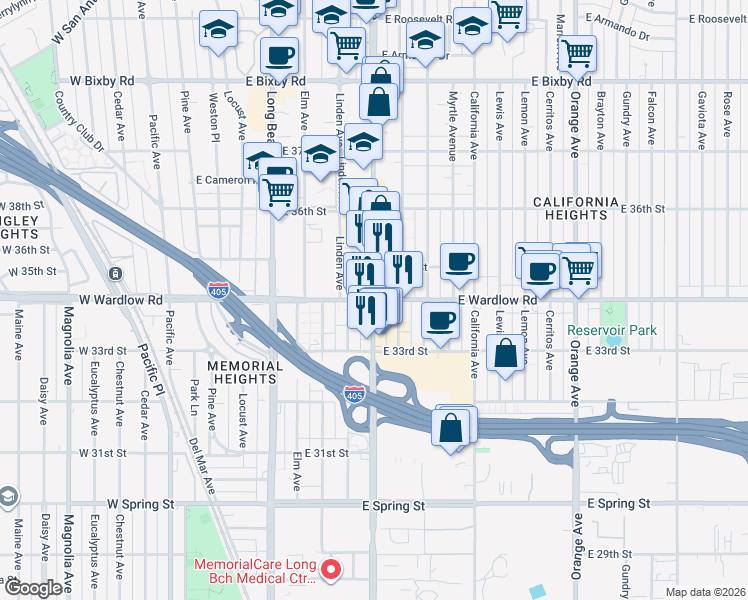 map of restaurants, bars, coffee shops, grocery stores, and more near Atlantic Ave & E Wardlow Rd in Long Beach