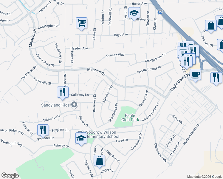 map of restaurants, bars, coffee shops, grocery stores, and more near 1806 Riverstone Street in Corona