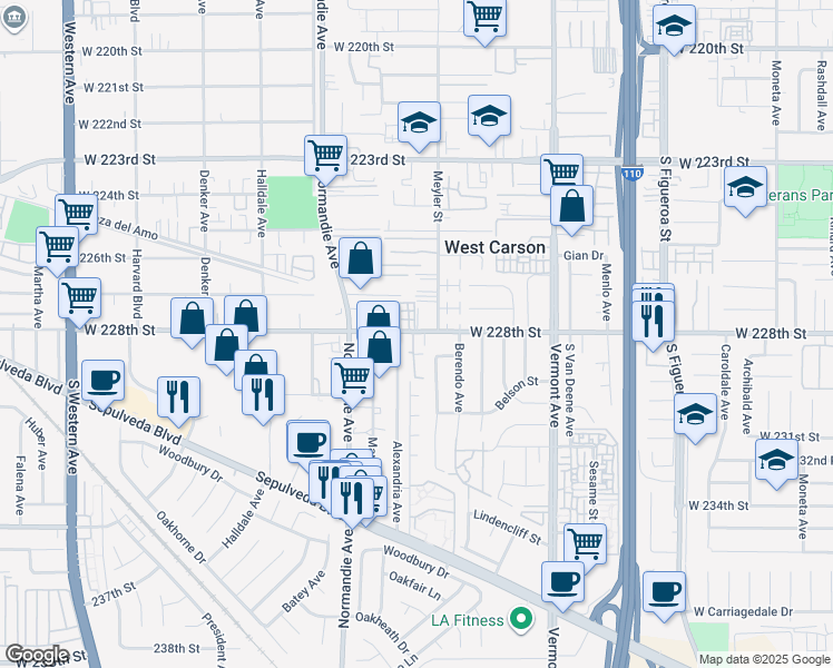map of restaurants, bars, coffee shops, grocery stores, and more near 1126 West 228th Street in Torrance