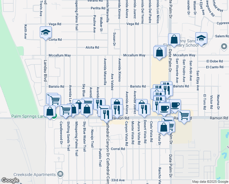 map of restaurants, bars, coffee shops, grocery stores, and more near 31560 Avenue Valdez in Cathedral City