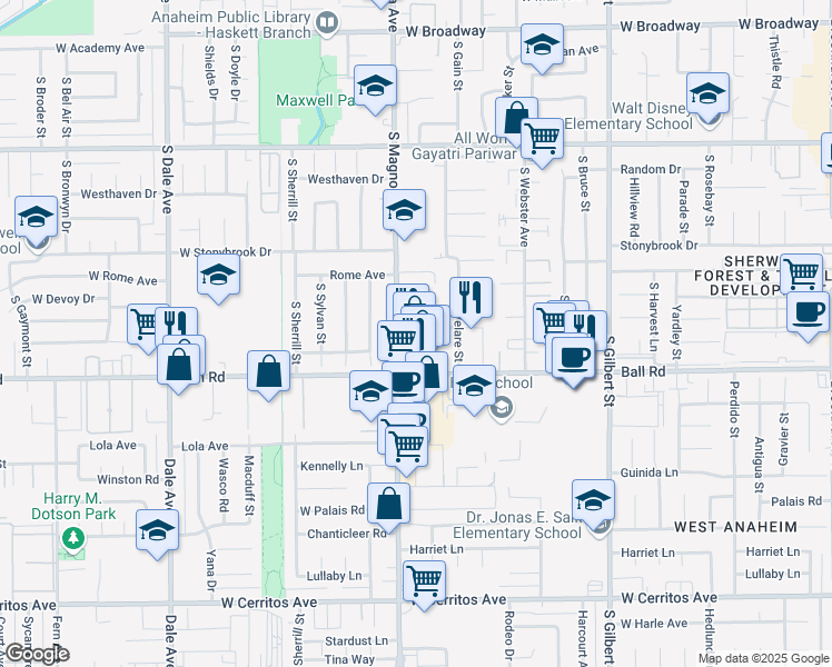 map of restaurants, bars, coffee shops, grocery stores, and more near 2568 West Heffron Drive in Anaheim