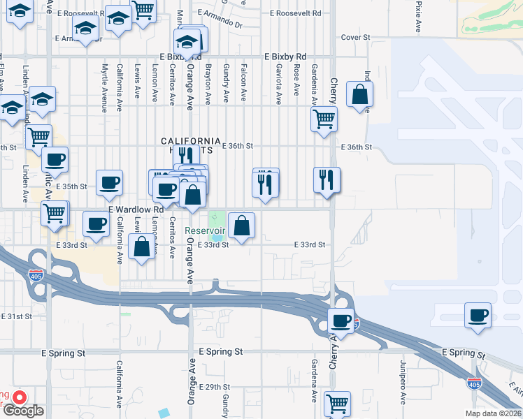map of restaurants, bars, coffee shops, grocery stores, and more near East Wardlow Road & Walnut Avenue in Long Beach