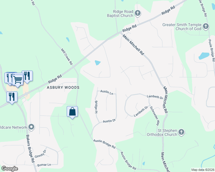 map of restaurants, bars, coffee shops, grocery stores, and more near 90 Austin Lane in Douglasville