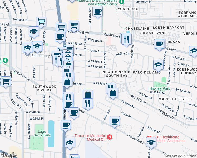 map of restaurants, bars, coffee shops, grocery stores, and more near 3420 West 229th Street in Torrance