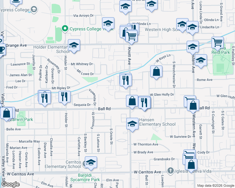 map of restaurants, bars, coffee shops, grocery stores, and more near 891 South Arc Way in Anaheim