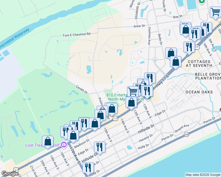 map of restaurants, bars, coffee shops, grocery stores, and more near 1000 Possum Trot Road in North Myrtle Beach