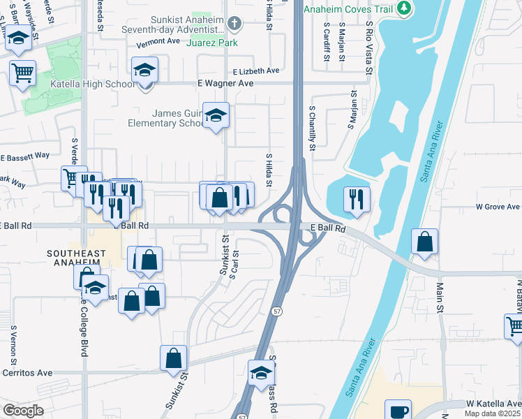map of restaurants, bars, coffee shops, grocery stores, and more near 1182 South Hilda Street in Anaheim