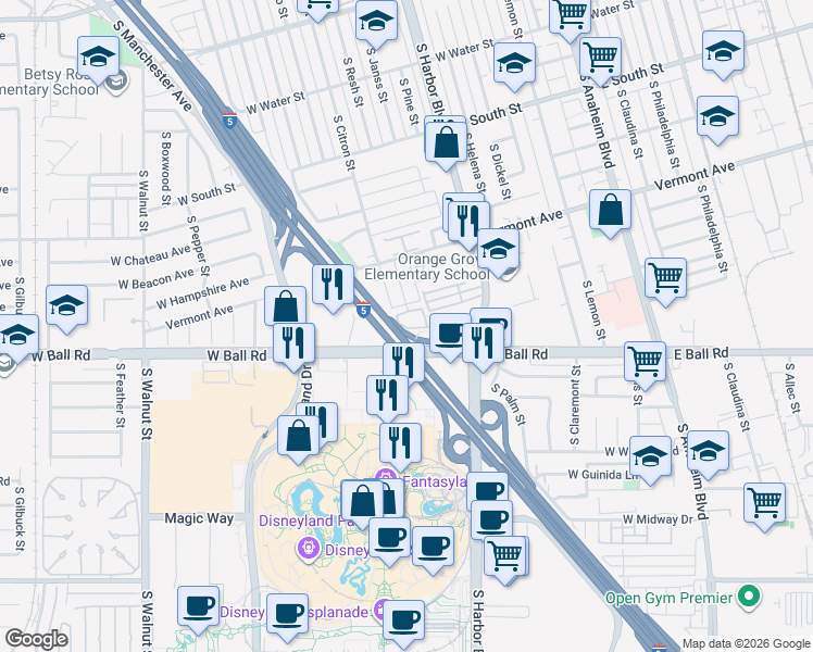 map of restaurants, bars, coffee shops, grocery stores, and more near 1124 South Citron Street in Anaheim