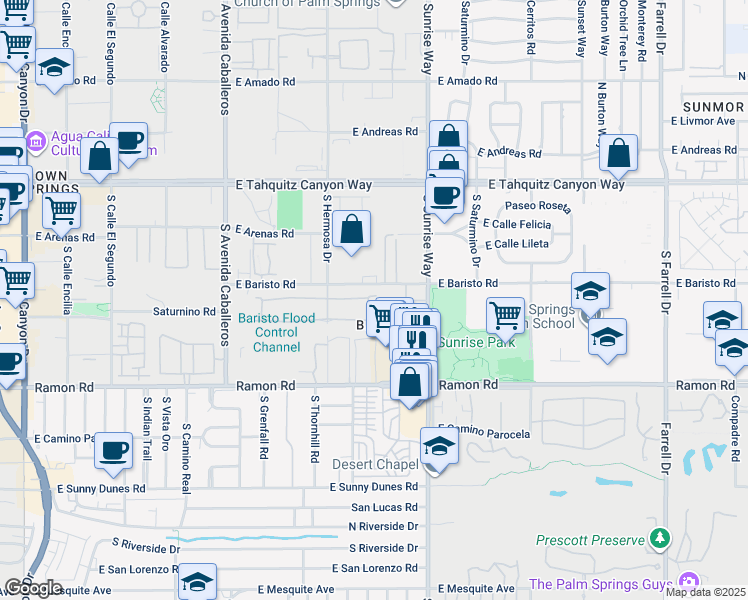 map of restaurants, bars, coffee shops, grocery stores, and more near in Palm Springs