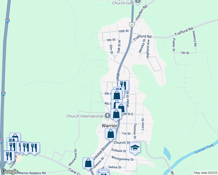 map of restaurants, bars, coffee shops, grocery stores, and more near 508 Goodwin Dr in Warrior