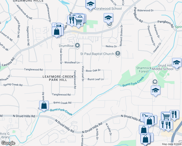 map of restaurants, bars, coffee shops, grocery stores, and more near 2475 River Oak Drive in Decatur
