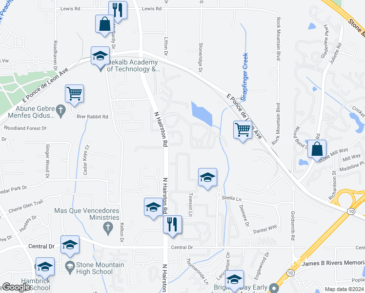 map of restaurants, bars, coffee shops, grocery stores, and more near 4852 Hairston Park Square in Stone Mountain