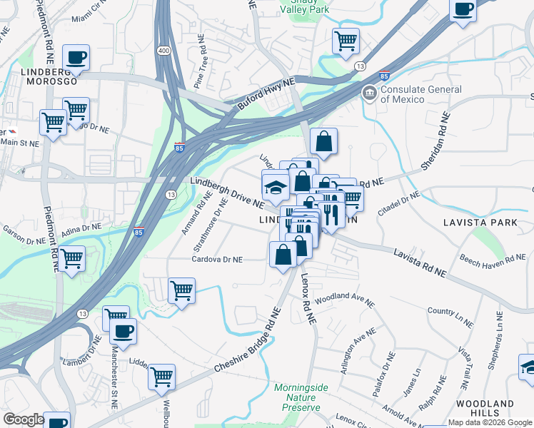 map of restaurants, bars, coffee shops, grocery stores, and more near 1031 Lindbergh Drive Northeast in Atlanta