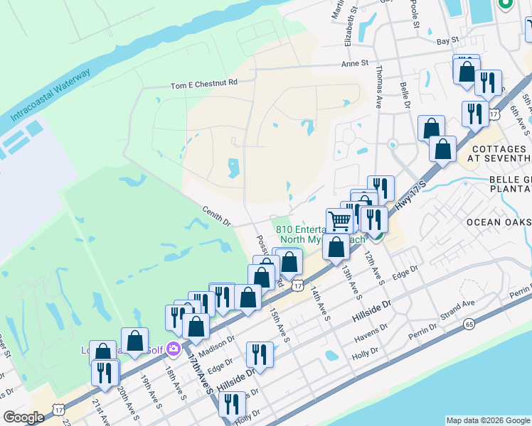 map of restaurants, bars, coffee shops, grocery stores, and more near 1010 Possum Trot Road in North Myrtle Beach