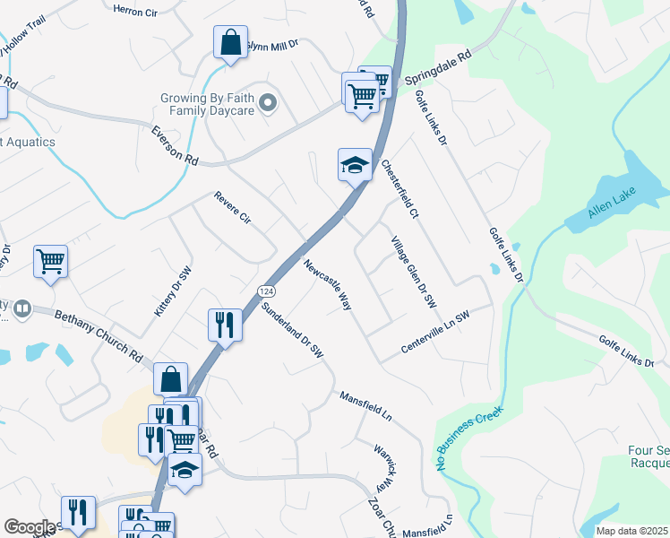 map of restaurants, bars, coffee shops, grocery stores, and more near 3184 Newcastle Way in Snellville