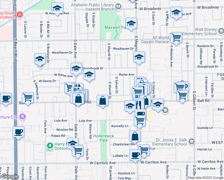 map of restaurants, bars, coffee shops, grocery stores, and more near 902 S Sherrill St in Anaheim