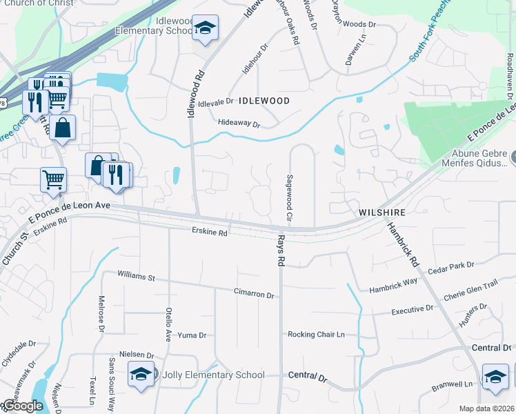 map of restaurants, bars, coffee shops, grocery stores, and more near 1424 Oakengate Drive in Stone Mountain