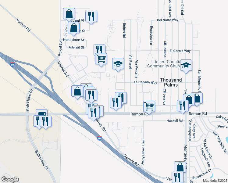 map of restaurants, bars, coffee shops, grocery stores, and more near 31665 Christy Way in Thousand Palms