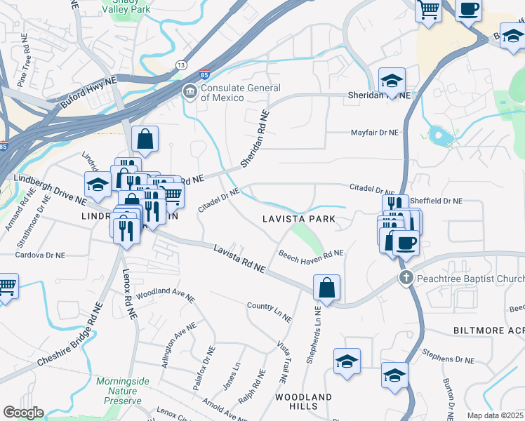map of restaurants, bars, coffee shops, grocery stores, and more near 1135 Wild Creek Trail Northeast in Atlanta