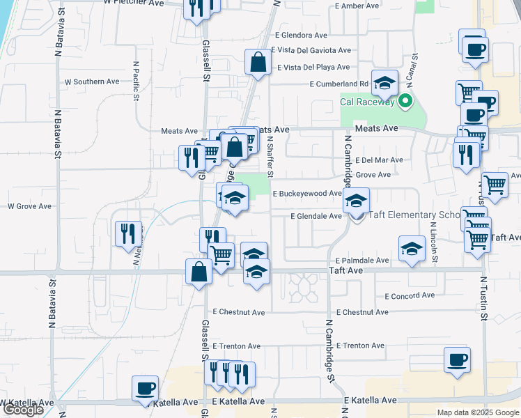 map of restaurants, bars, coffee shops, grocery stores, and more near 1883 North Shaffer Street in Orange