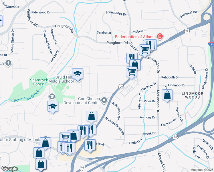 map of restaurants, bars, coffee shops, grocery stores, and more near 1323 Atterberry Place in Decatur