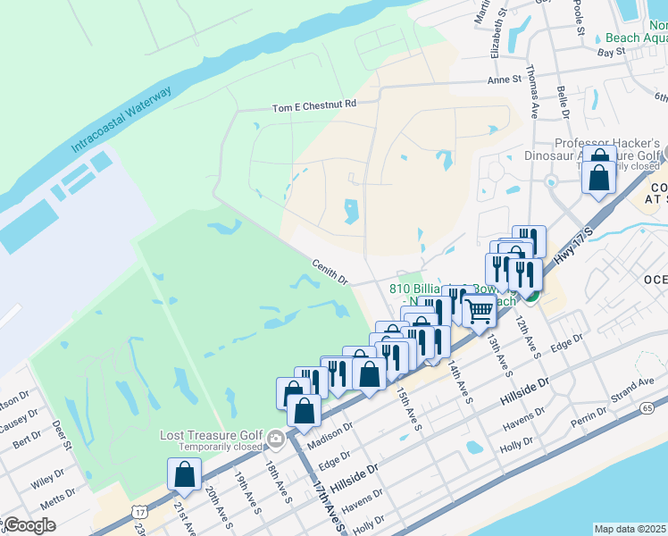 map of restaurants, bars, coffee shops, grocery stores, and more near 1400 Cenith Street in North Myrtle Beach