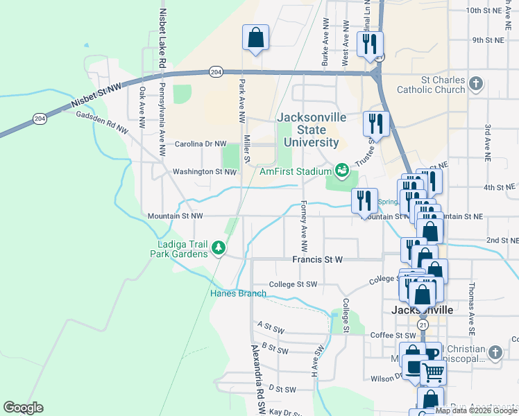 map of restaurants, bars, coffee shops, grocery stores, and more near 517 Mountain Street Northwest in Jacksonville