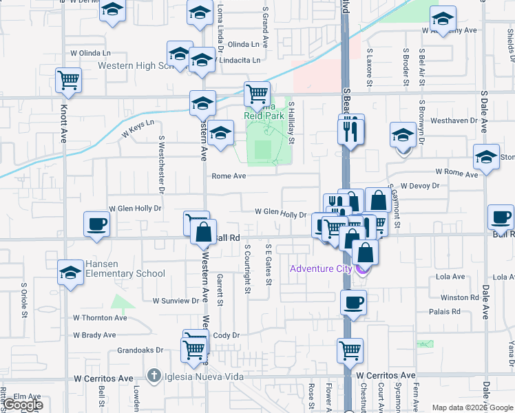 map of restaurants, bars, coffee shops, grocery stores, and more near 3119 West Glen Holly Drive in Anaheim