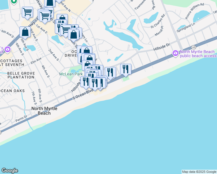 map of restaurants, bars, coffee shops, grocery stores, and more near 102 South Carolina 65 in North Myrtle Beach