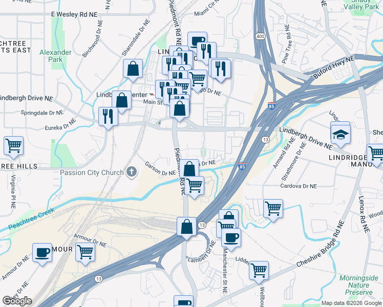 map of restaurants, bars, coffee shops, grocery stores, and more near 648 Lindbergh Way Northeast in Atlanta