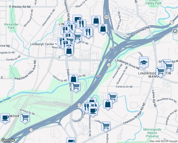 map of restaurants, bars, coffee shops, grocery stores, and more near 745 Fountainhead Lane Northeast in Atlanta
