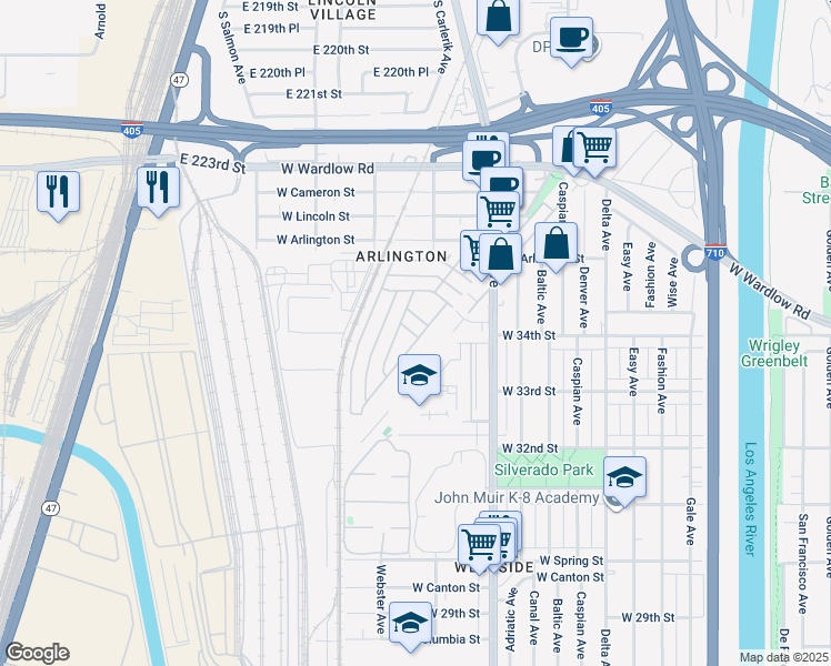 map of restaurants, bars, coffee shops, grocery stores, and more near 3595 Santa Fe Avenue in Long Beach