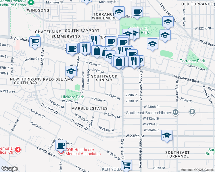 map of restaurants, bars, coffee shops, grocery stores, and more near 22812 Eriel Avenue in Torrance