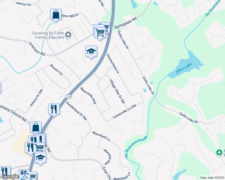 map of restaurants, bars, coffee shops, grocery stores, and more near 3227 Village Glen Drive Southwest in Snellville