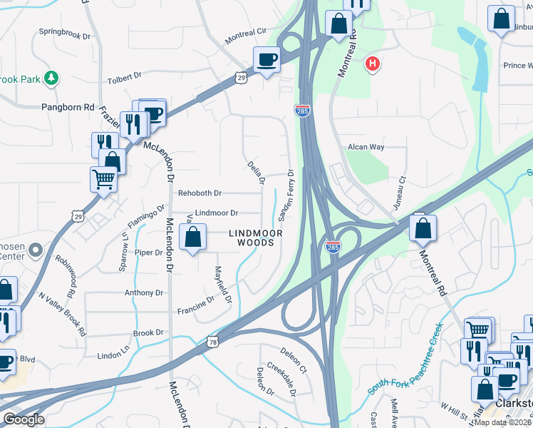 map of restaurants, bars, coffee shops, grocery stores, and more near 1529 Delia Drive in Decatur