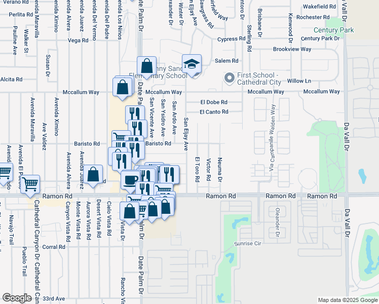 map of restaurants, bars, coffee shops, grocery stores, and more near 31550 San Eljay Avenue in Cathedral City