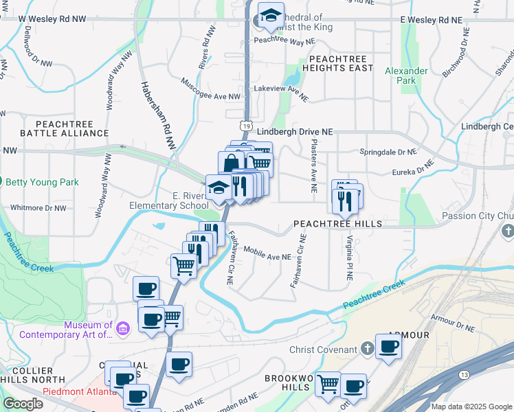 map of restaurants, bars, coffee shops, grocery stores, and more near 2341 Peachtree Road in Atlanta