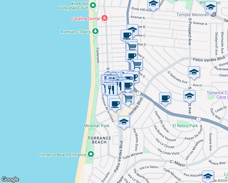 map of restaurants, bars, coffee shops, grocery stores, and more near 208 Avenue I in Redondo Beach