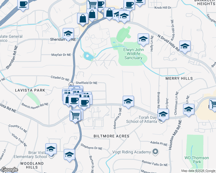 map of restaurants, bars, coffee shops, grocery stores, and more near 1476 Sheffield Dr NE in Atlanta
