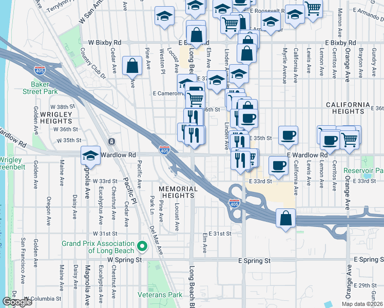 map of restaurants, bars, coffee shops, grocery stores, and more near Long Beach Blvd & E Wardlow Rd in Long Beach